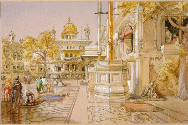 Watercolour painting titled 'Akal Boonga (Akal Bunga, known today as the Akal Takht) at th