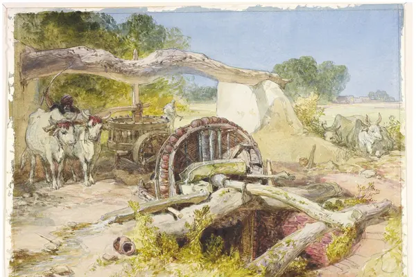 Watercolour painting titled 'Persian wheel near Amritsar', painted in 1864–65 by William S