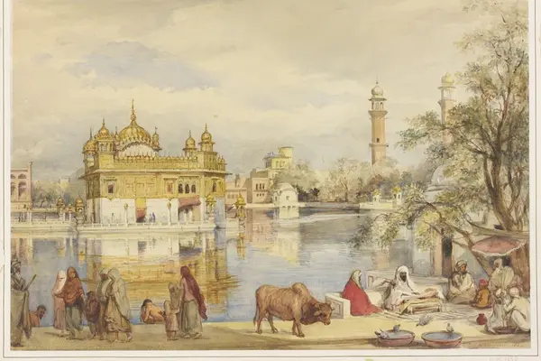 Watercolour painting of the Golden Temple complex titled 'The Golden Temple at Amritsar', 