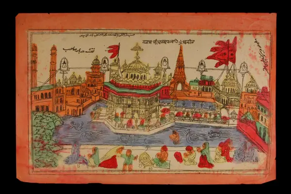 Painting of the Golden Temple complex in Amritsar, Popular Sikh, Punjab, circa early 20th