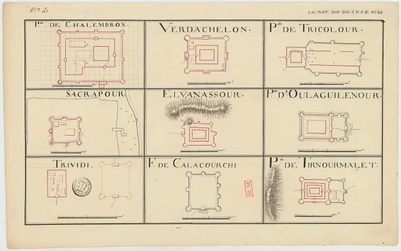 Plans de neuf pagodes et forts du Tamil Nadu - communiqués par d'Estaing - btv1b53254102z