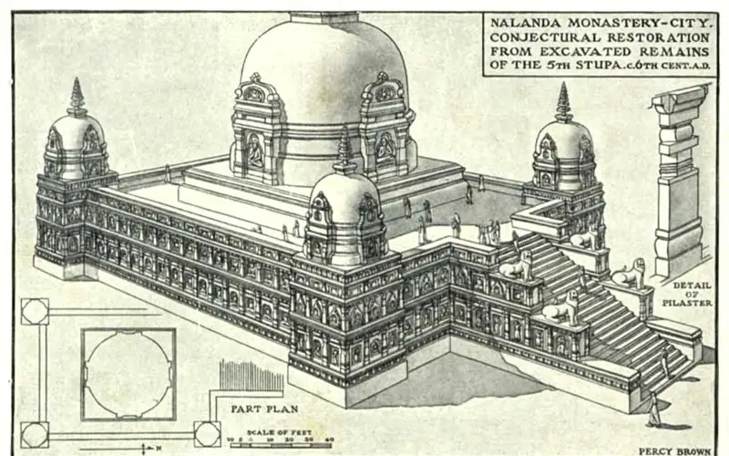 Nalanda University; Conjectural Reconstruction from Excavated Remains of the 5th Stupa, c.