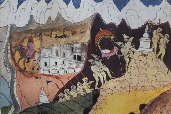 Fragment from a painted scroll depicting Zorawar Singh of the Sikh Empire's army marching