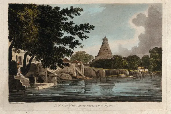Pagoda at Thanjavur, Tamil Nadu. Coloured etching by William Wellcome V0050426
